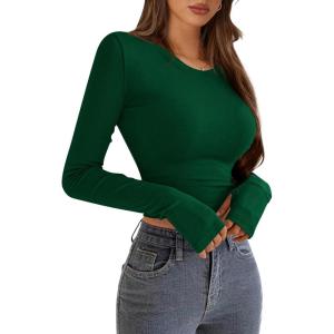 imagePRETTYGARDEN Womens Long Sleeve Crop Tops Y2K Spring Fall Fashion Clothes Basic Slim Fit Tee Shirts BlouseGreen