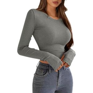 imagePRETTYGARDEN Womens Long Sleeve Crop Tops Y2K Spring Fall Fashion Clothes Basic Slim Fit Tee Shirts BlouseGrey