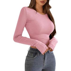 imagePRETTYGARDEN Womens Long Sleeve Crop Tops Y2K Spring Fall Fashion Clothes Basic Slim Fit Tee Shirts BlousePink
