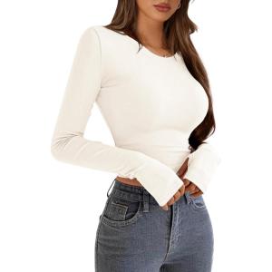 imagePRETTYGARDEN Womens Long Sleeve Crop Tops Y2K Spring Fall Fashion Clothes Basic Slim Fit Tee Shirts BlouseWhite