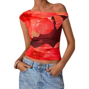 imagePRETTYGARDEN Womens Off Shoulder Tops 2025 Summer Floral Mesh Going Out Crop Tank Tops Asymmetrical Tight Y2K Shirts ClothesBlack Red Flower