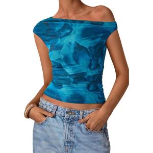 imagePRETTYGARDEN Womens Off Shoulder Tops 2025 Summer Floral Mesh Going Out Crop Tank Tops Asymmetrical Tight Y2K Shirts ClothesBlue Green