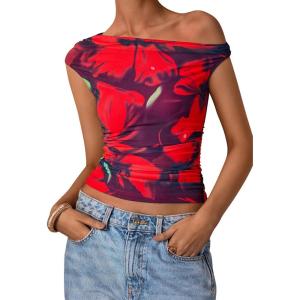 imagePRETTYGARDEN Womens Off Shoulder Tops 2025 Summer Floral Mesh Going Out Crop Tank Tops Asymmetrical Tight Y2K Shirts ClothesBlue Red Flower