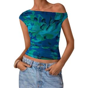 imagePRETTYGARDEN Womens Off Shoulder Tops 2025 Summer Floral Mesh Going Out Crop Tank Tops Asymmetrical Tight Y2K Shirts ClothesGreen