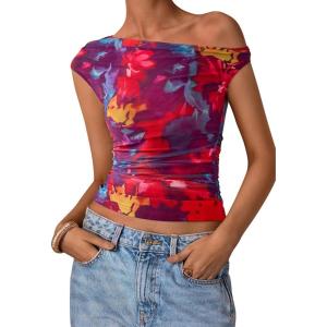 imagePRETTYGARDEN Womens Off Shoulder Tops 2025 Summer Floral Mesh Going Out Crop Tank Tops Asymmetrical Tight Y2K Shirts ClothesNavy Red Flower