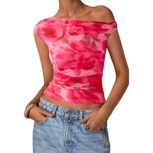 imagePRETTYGARDEN Womens Off Shoulder Tops 2025 Summer Floral Mesh Going Out Crop Tank Tops Asymmetrical Tight Y2K Shirts ClothesPink Flower