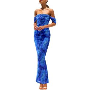 imagePRETTYGARDEN Womens Ruched Bodycon Maxi Dress 2025 Summer Off Shoulder Floral Mesh Cocktail Party Fitted DressesBright Blue