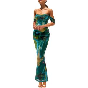 imagePRETTYGARDEN Womens Ruched Bodycon Maxi Dress 2025 Summer Off Shoulder Floral Mesh Cocktail Party Fitted DressesGreen Big Floral