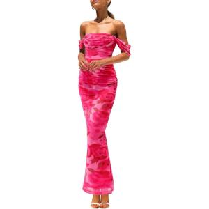 imagePRETTYGARDEN Womens Ruched Bodycon Maxi Dress 2025 Summer Off Shoulder Floral Mesh Cocktail Party Fitted DressesPink Floral