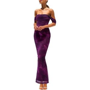 imagePRETTYGARDEN Womens Ruched Bodycon Maxi Dress 2025 Summer Off Shoulder Floral Mesh Cocktail Party Fitted DressesPurple Floral