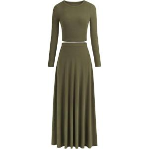 imagePRETTYGARDEN Womens Spring 2 Piece Outfits Dressy Casual Ribbed Knit Long Sleeve Crop Tops Maxi Flowy Skirts Matching SetsArmy Green
