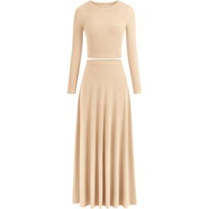 imagePRETTYGARDEN Womens Spring 2 Piece Outfits Dressy Casual Ribbed Knit Long Sleeve Crop Tops Maxi Flowy Skirts Matching SetsBeige