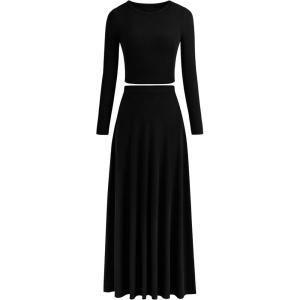 imagePRETTYGARDEN Womens Spring 2 Piece Outfits Dressy Casual Ribbed Knit Long Sleeve Crop Tops Maxi Flowy Skirts Matching SetsBlack