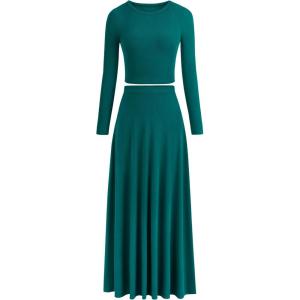 imagePRETTYGARDEN Womens Spring 2 Piece Outfits Dressy Casual Ribbed Knit Long Sleeve Crop Tops Maxi Flowy Skirts Matching SetsBlue Green