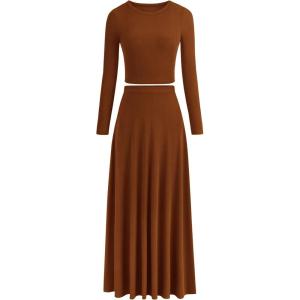 imagePRETTYGARDEN Womens Spring 2 Piece Outfits Dressy Casual Ribbed Knit Long Sleeve Crop Tops Maxi Flowy Skirts Matching SetsBrown