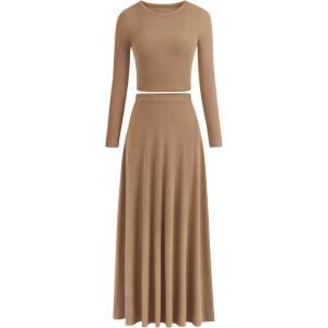 imagePRETTYGARDEN Womens Spring 2 Piece Outfits Dressy Casual Ribbed Knit Long Sleeve Crop Tops Maxi Flowy Skirts Matching SetsCamel