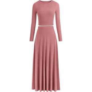 imagePRETTYGARDEN Womens Spring 2 Piece Outfits Dressy Casual Ribbed Knit Long Sleeve Crop Tops Maxi Flowy Skirts Matching SetsDusty Pink