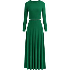 imagePRETTYGARDEN Womens Spring 2 Piece Outfits Dressy Casual Ribbed Knit Long Sleeve Crop Tops Maxi Flowy Skirts Matching SetsGreen