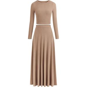 imagePRETTYGARDEN Womens Spring 2 Piece Outfits Dressy Casual Ribbed Knit Long Sleeve Crop Tops Maxi Flowy Skirts Matching SetsKhaki