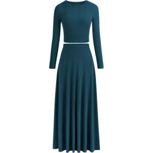 imagePRETTYGARDEN Womens Spring 2 Piece Outfits Dressy Casual Ribbed Knit Long Sleeve Crop Tops Maxi Flowy Skirts Matching SetsLake Blue
