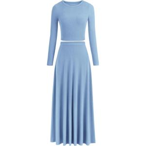 imagePRETTYGARDEN Womens Spring 2 Piece Outfits Dressy Casual Ribbed Knit Long Sleeve Crop Tops Maxi Flowy Skirts Matching SetsLight Blue