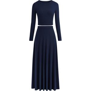 imagePRETTYGARDEN Womens Spring 2 Piece Outfits Dressy Casual Ribbed Knit Long Sleeve Crop Tops Maxi Flowy Skirts Matching SetsNavy