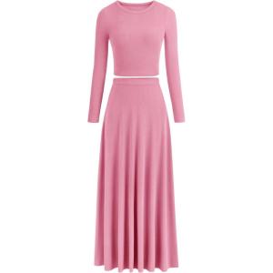 imagePRETTYGARDEN Womens Spring 2 Piece Outfits Dressy Casual Ribbed Knit Long Sleeve Crop Tops Maxi Flowy Skirts Matching SetsPink