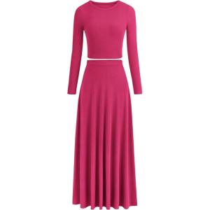 imagePRETTYGARDEN Womens Spring 2 Piece Outfits Dressy Casual Ribbed Knit Long Sleeve Crop Tops Maxi Flowy Skirts Matching SetsRose Red