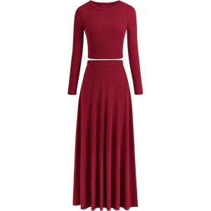 imagePRETTYGARDEN Womens Spring 2 Piece Outfits Dressy Casual Ribbed Knit Long Sleeve Crop Tops Maxi Flowy Skirts Matching SetsWine Red