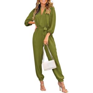 imagePRETTYGARDEN Womens Spring Fall Jumpsuits Casual Dressy Long Pants Romper Long Sleeve V Neck Belt Pockets One Piece OutfitsOlive Green