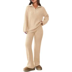 imagePRETTYGARDEN Womens Winter 2 Piece Sweater Set Long Sleeve Quarter Zip Sweatshirt Wide Leg Pants Fall Outfits TracksuitBeige