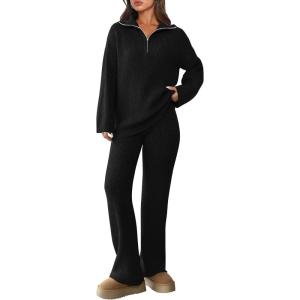 imagePRETTYGARDEN Womens Winter 2 Piece Sweater Set Long Sleeve Quarter Zip Sweatshirt Wide Leg Pants Fall Outfits TracksuitBlack