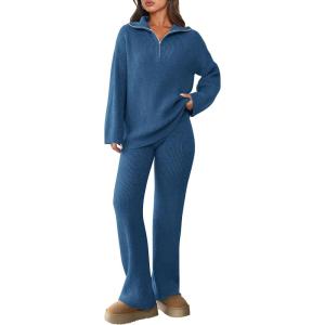 imagePRETTYGARDEN Womens Winter 2 Piece Sweater Set Long Sleeve Quarter Zip Sweatshirt Wide Leg Pants Fall Outfits TracksuitBlue