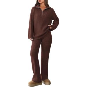 imagePRETTYGARDEN Womens Winter 2 Piece Sweater Set Long Sleeve Quarter Zip Sweatshirt Wide Leg Pants Fall Outfits TracksuitCoffee