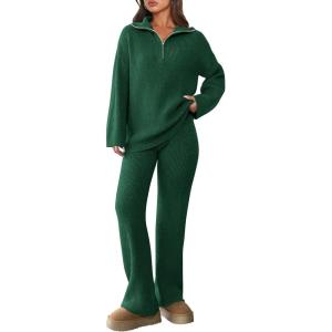 imagePRETTYGARDEN Womens Winter 2 Piece Sweater Set Long Sleeve Quarter Zip Sweatshirt Wide Leg Pants Fall Outfits TracksuitDark Green