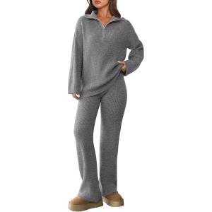 imagePRETTYGARDEN Womens Winter 2 Piece Sweater Set Long Sleeve Quarter Zip Sweatshirt Wide Leg Pants Fall Outfits TracksuitGrey