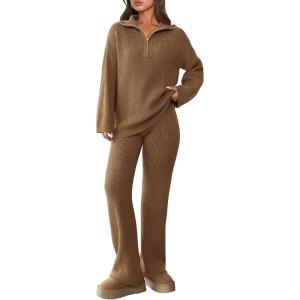 imagePRETTYGARDEN Womens Winter 2 Piece Sweater Set Long Sleeve Quarter Zip Sweatshirt Wide Leg Pants Fall Outfits TracksuitKhaki