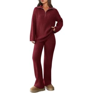 imagePRETTYGARDEN Womens Winter 2 Piece Sweater Set Long Sleeve Quarter Zip Sweatshirt Wide Leg Pants Fall Outfits TracksuitWine Red