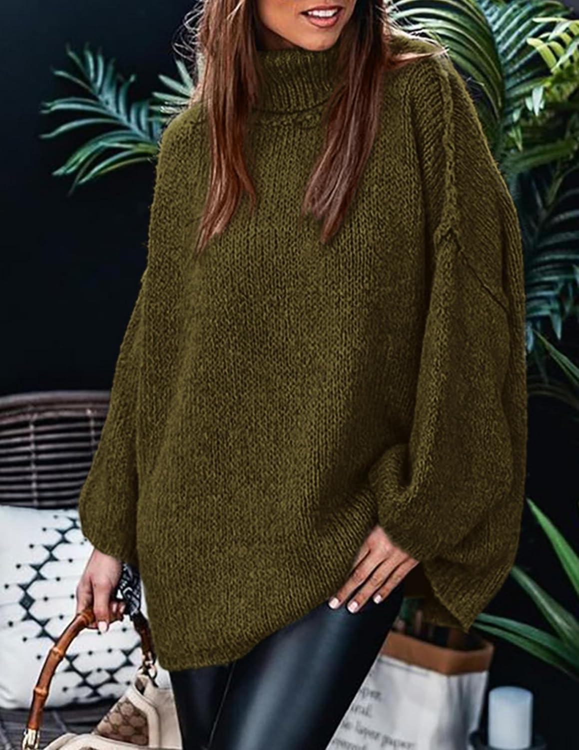 imagePRETTYGARDEN Womens 2025 Fall Turtleneck Oversized Sweaters Long Sleeve Chunky Knit Pullover Tops Winter Fashion ClothesArmy Green
