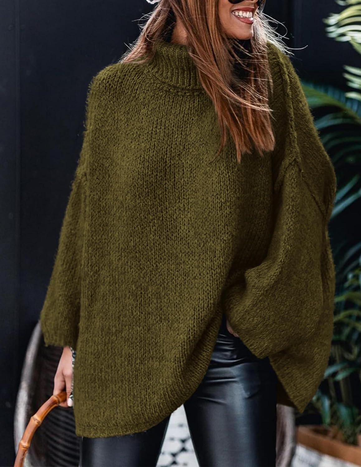 imagePRETTYGARDEN Womens 2025 Fall Turtleneck Oversized Sweaters Long Sleeve Chunky Knit Pullover Tops Winter Fashion ClothesArmy Green