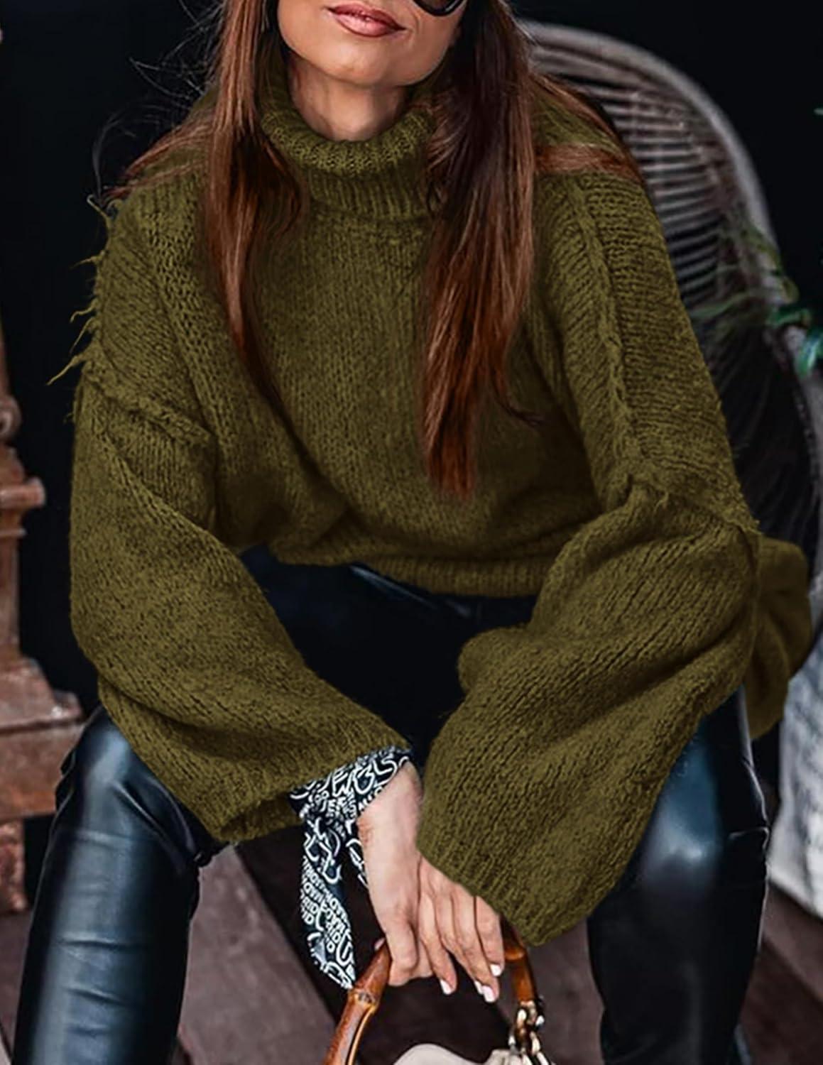 imagePRETTYGARDEN Womens 2025 Fall Turtleneck Oversized Sweaters Long Sleeve Chunky Knit Pullover Tops Winter Fashion ClothesArmy Green