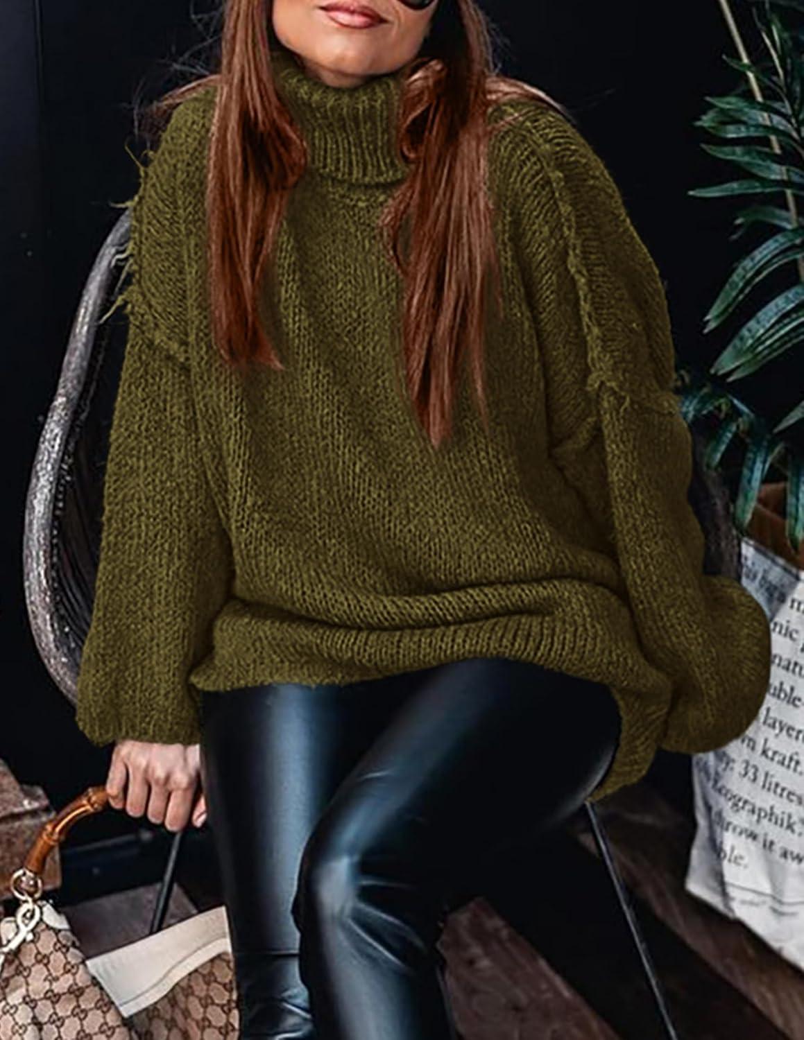 imagePRETTYGARDEN Womens 2025 Fall Turtleneck Oversized Sweaters Long Sleeve Chunky Knit Pullover Tops Winter Fashion ClothesArmy Green