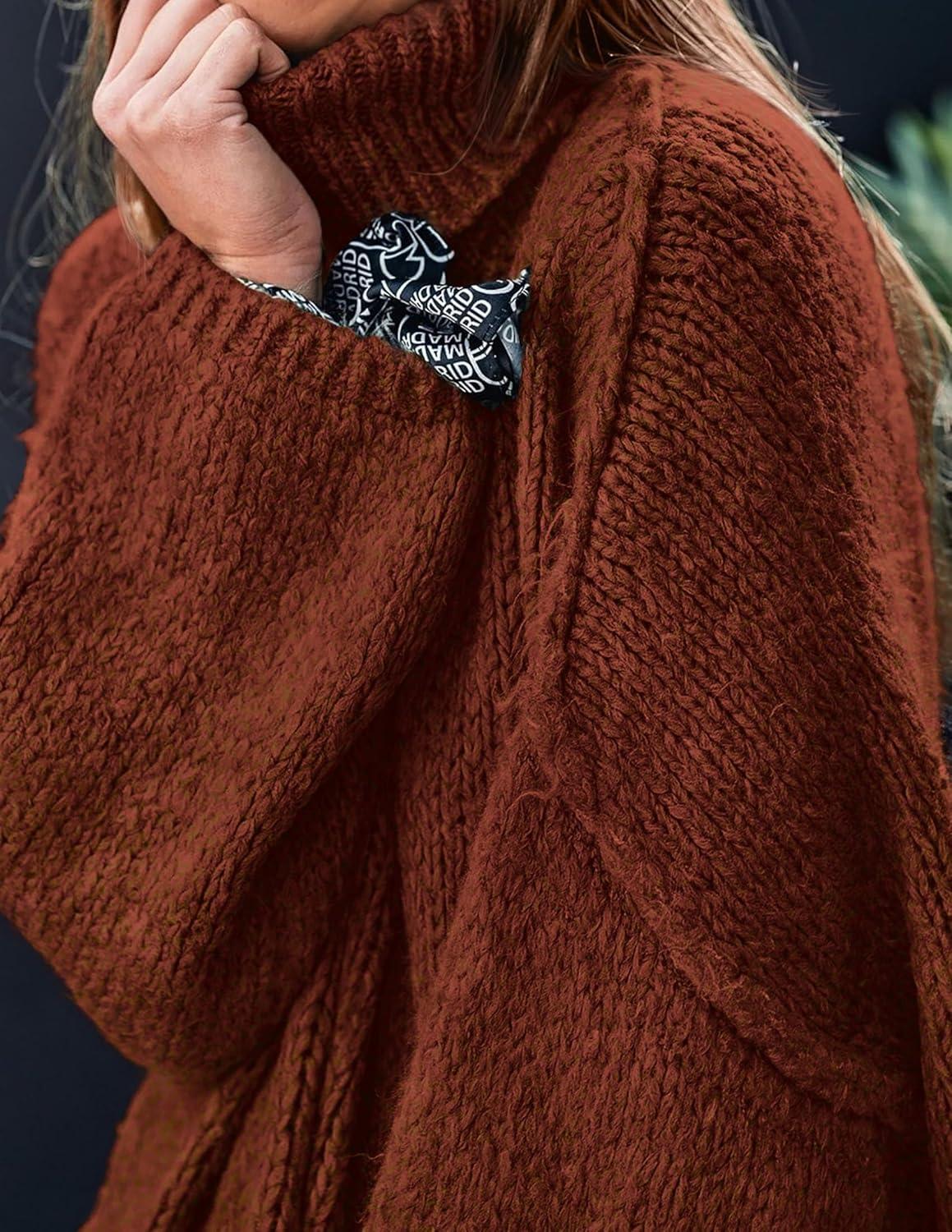 imagePRETTYGARDEN Womens 2025 Fall Turtleneck Oversized Sweaters Long Sleeve Chunky Knit Pullover Tops Winter Fashion ClothesBrick Red