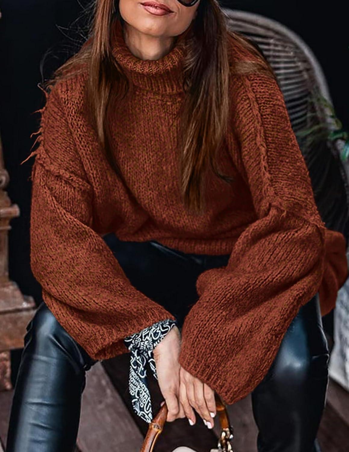 imagePRETTYGARDEN Womens 2025 Fall Turtleneck Oversized Sweaters Long Sleeve Chunky Knit Pullover Tops Winter Fashion ClothesBrick Red