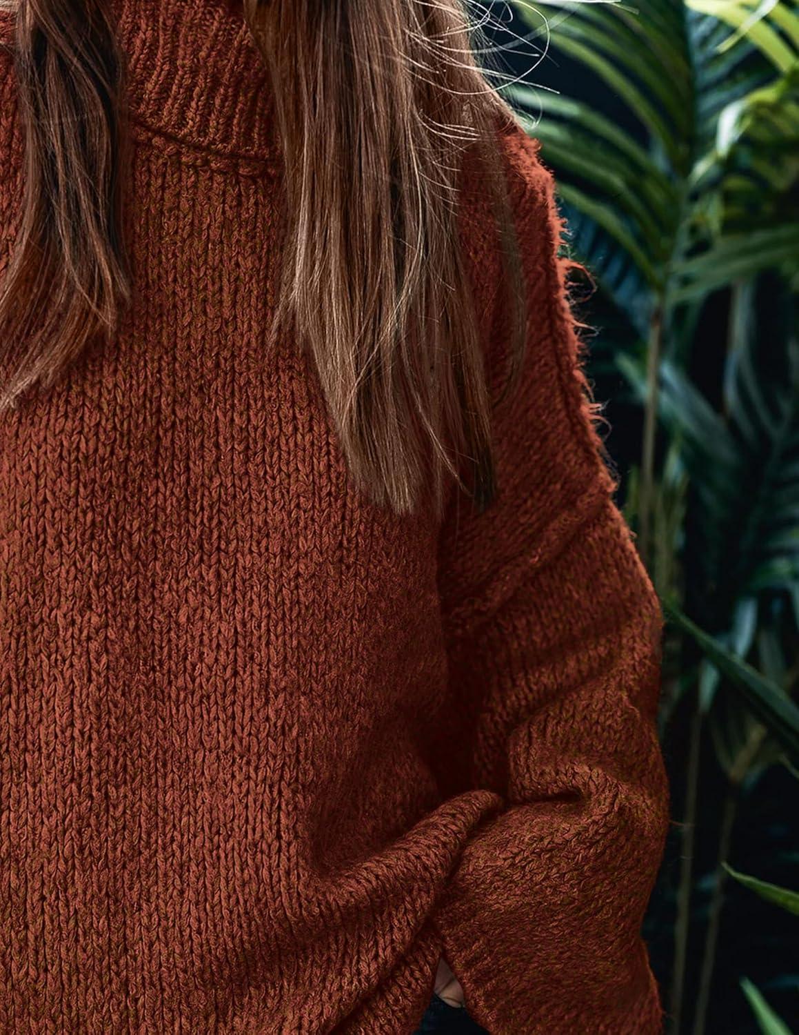 imagePRETTYGARDEN Womens 2025 Fall Turtleneck Oversized Sweaters Long Sleeve Chunky Knit Pullover Tops Winter Fashion ClothesBrick Red