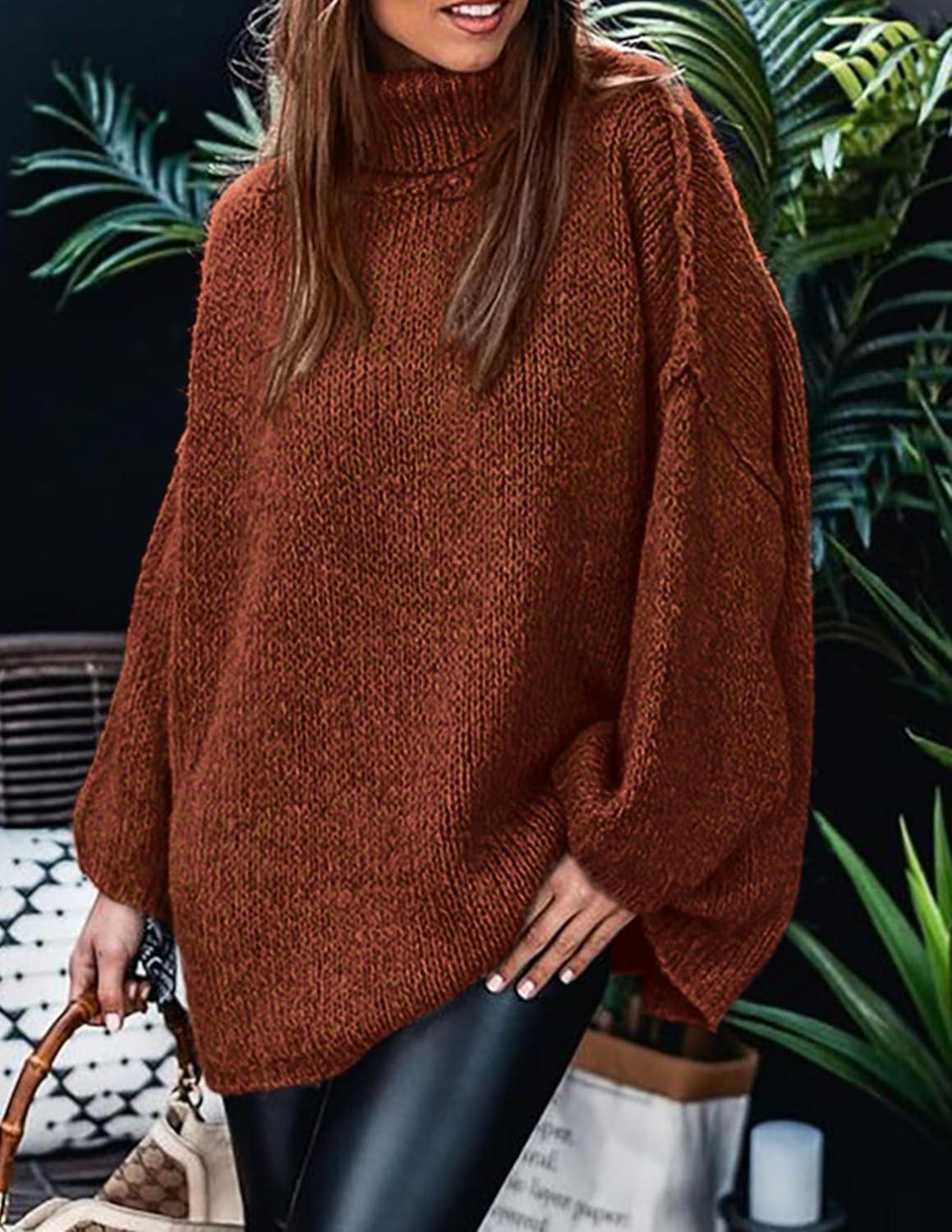imagePRETTYGARDEN Womens 2025 Fall Turtleneck Oversized Sweaters Long Sleeve Chunky Knit Pullover Tops Winter Fashion ClothesBrick Red