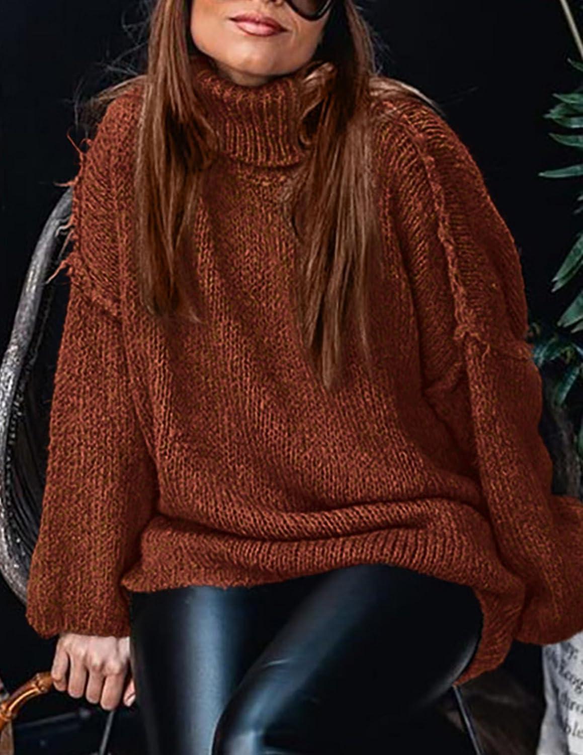 imagePRETTYGARDEN Womens 2025 Fall Turtleneck Oversized Sweaters Long Sleeve Chunky Knit Pullover Tops Winter Fashion ClothesBrick Red