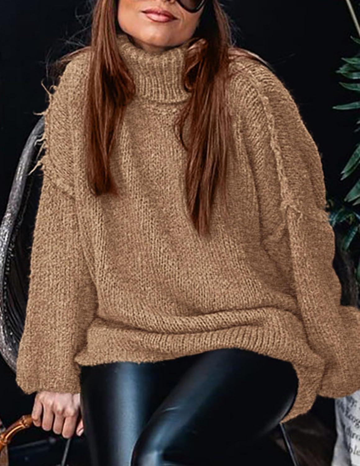 imagePRETTYGARDEN Womens 2025 Fall Turtleneck Oversized Sweaters Long Sleeve Chunky Knit Pullover Tops Winter Fashion ClothesCamel