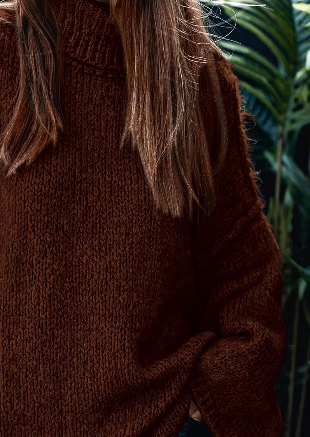 imagePRETTYGARDEN Womens 2025 Fall Turtleneck Oversized Sweaters Long Sleeve Chunky Knit Pullover Tops Winter Fashion ClothesDark Brown