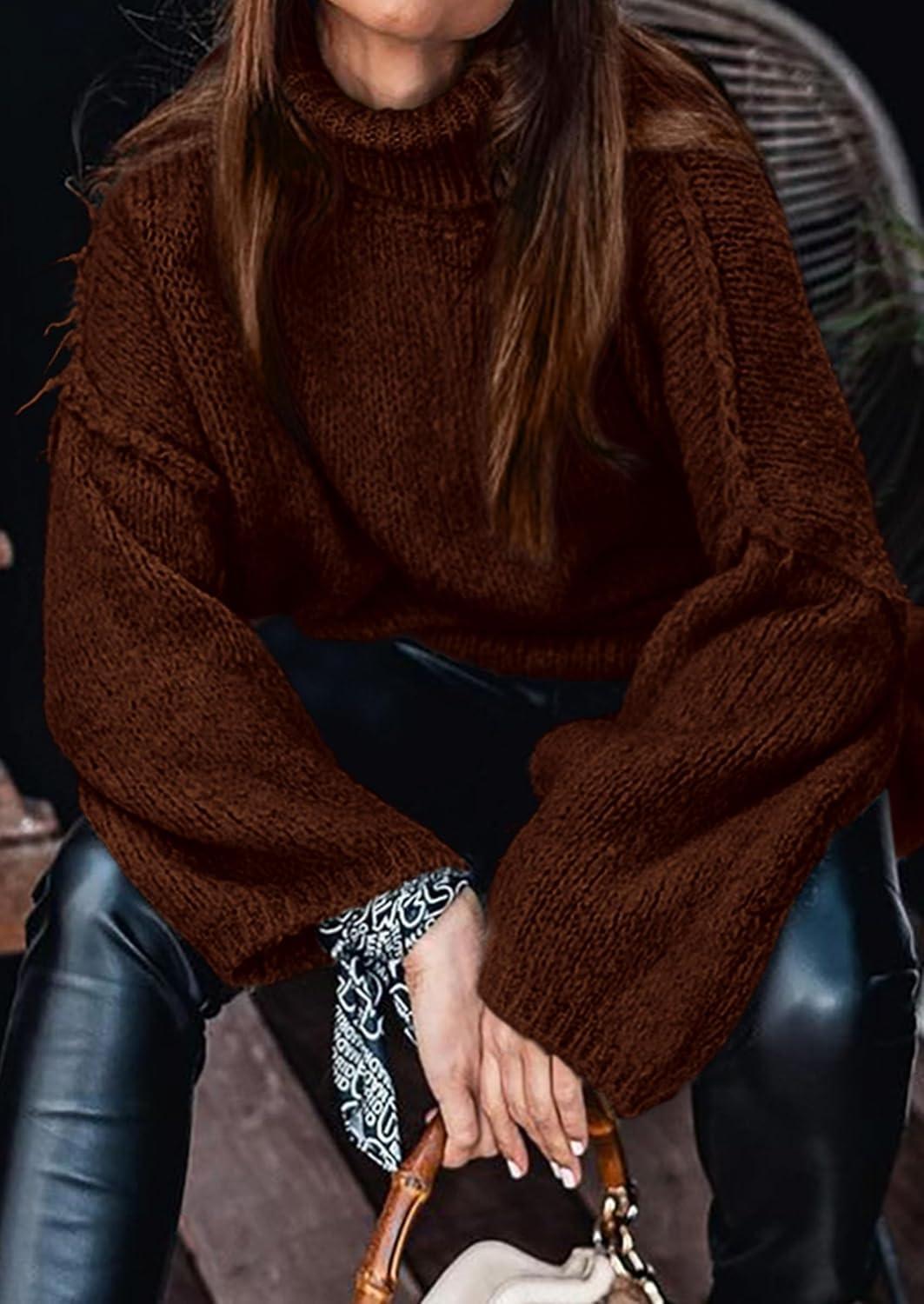 imagePRETTYGARDEN Womens 2025 Fall Turtleneck Oversized Sweaters Long Sleeve Chunky Knit Pullover Tops Winter Fashion ClothesDark Brown